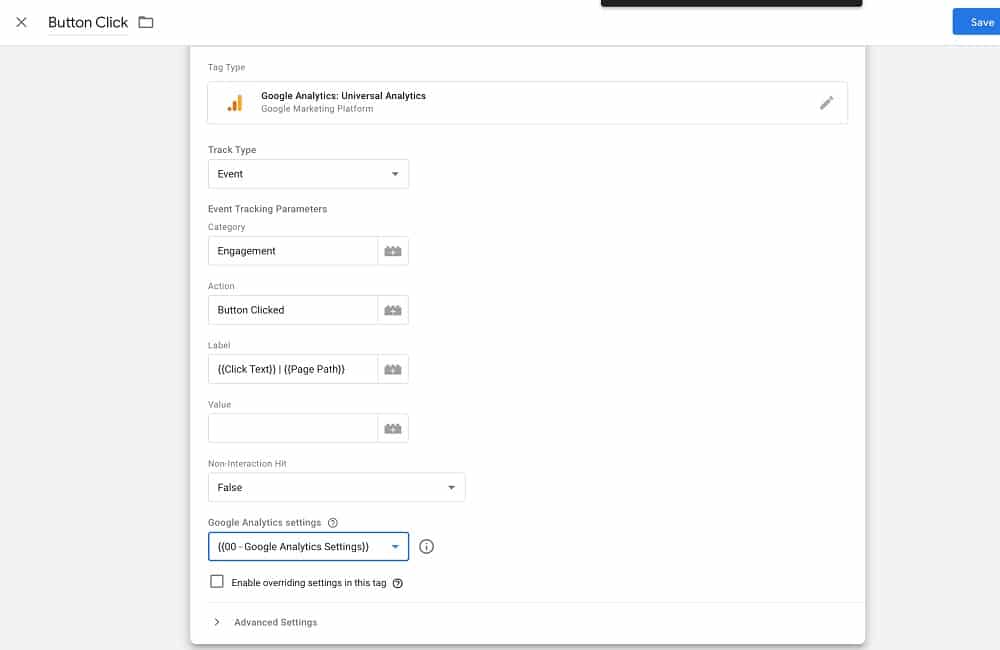 google analytics settings variable selected and override unchecked