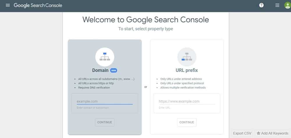 welcome page of google search console
