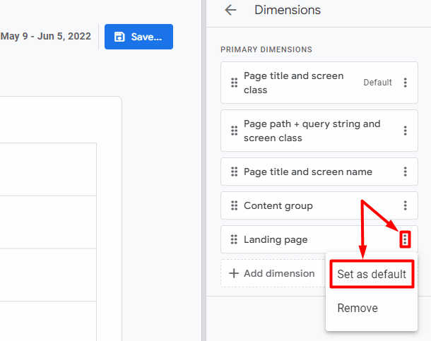 setting landing page dimension as default for a ga4 report