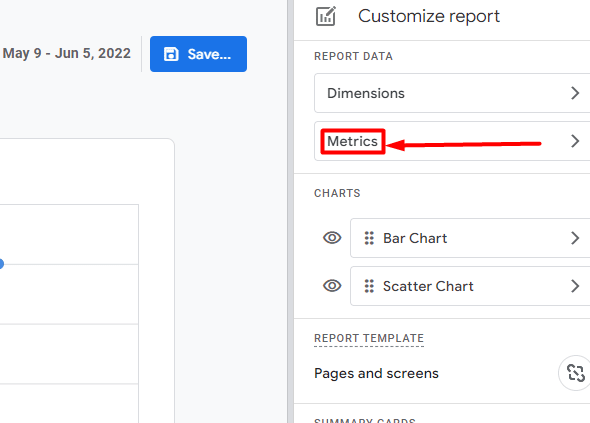 metrics option in customizing ga4 report