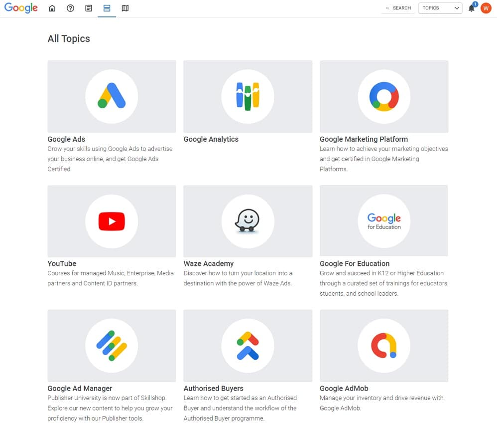 all the courses of the google skillshop