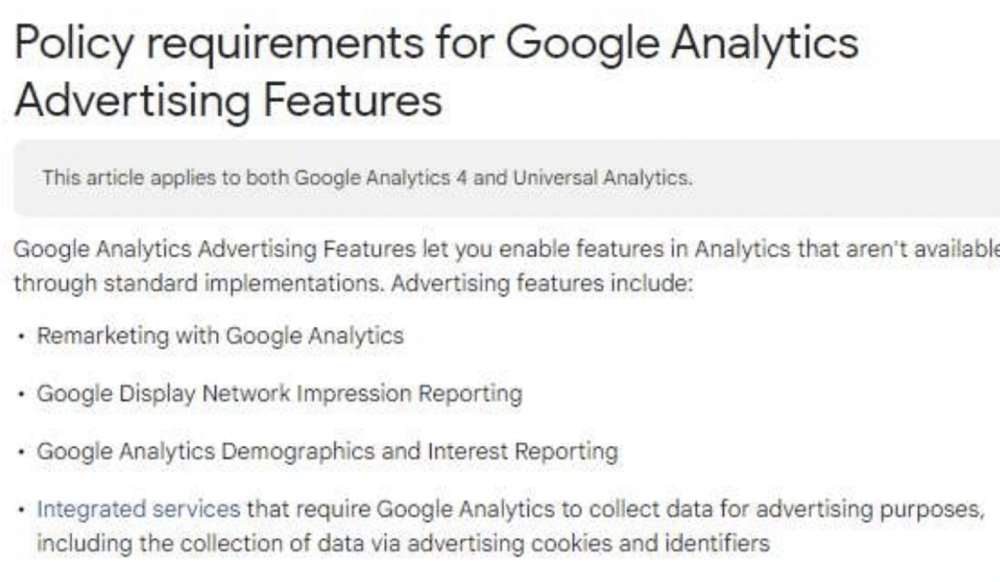 policy requirements for google analytics advertising features