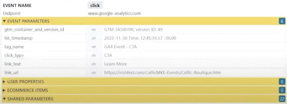 events in GA4 from analytics debugger interface