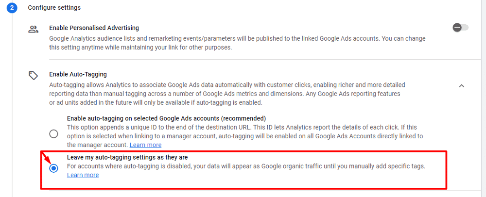 Way to disable Auto-Tagging while connecting google ad to GA4