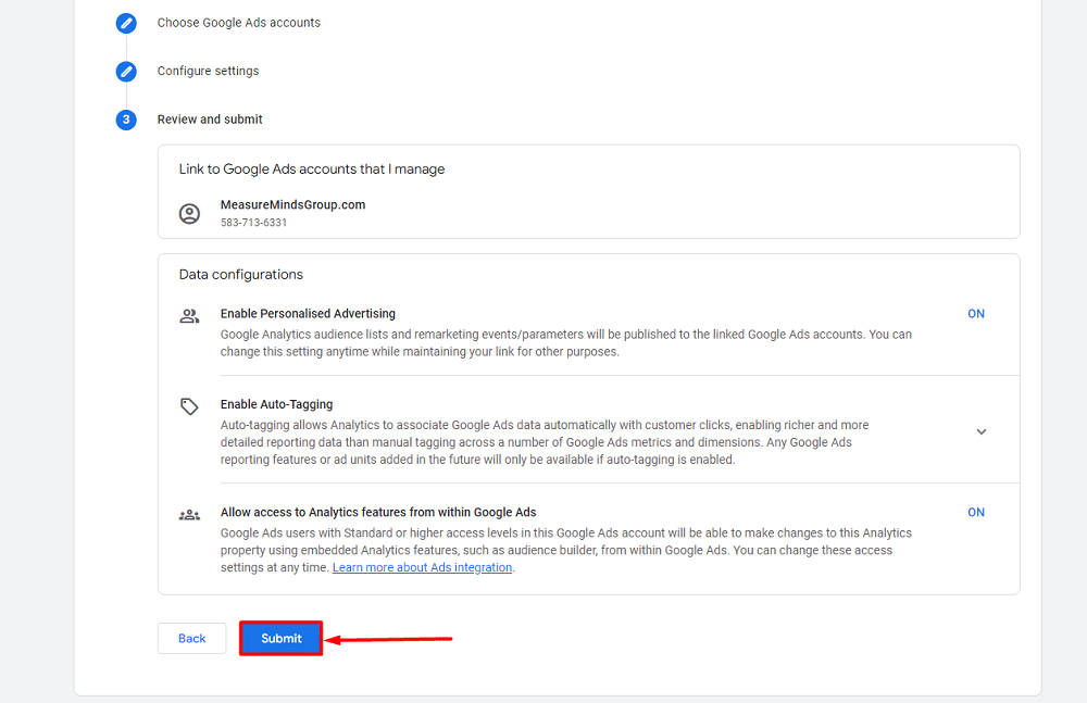 Window to review and submit configuration setting for connecting google ads to GA4 