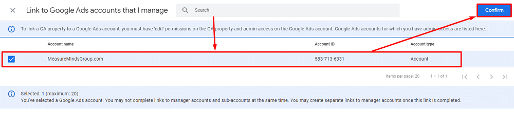 Google Ads accounts selection to connect with GA4