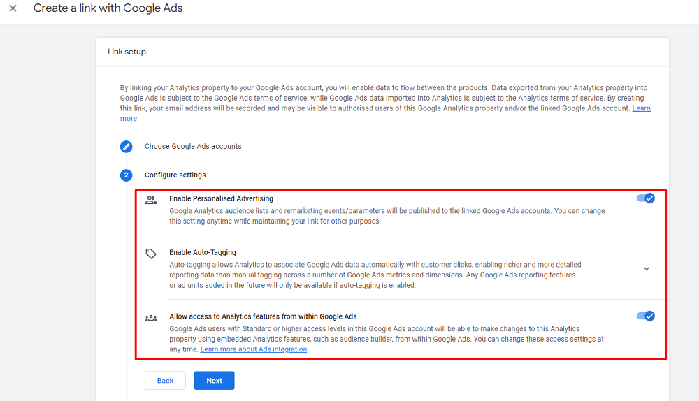 configuration settings in ga4 to connect google ads