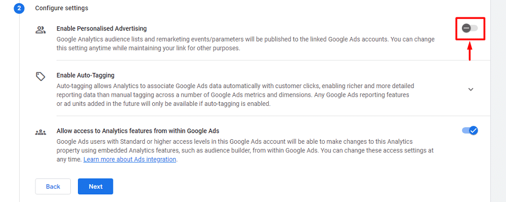 Way to disable Personalized Advertising while connecting google ad to GA4