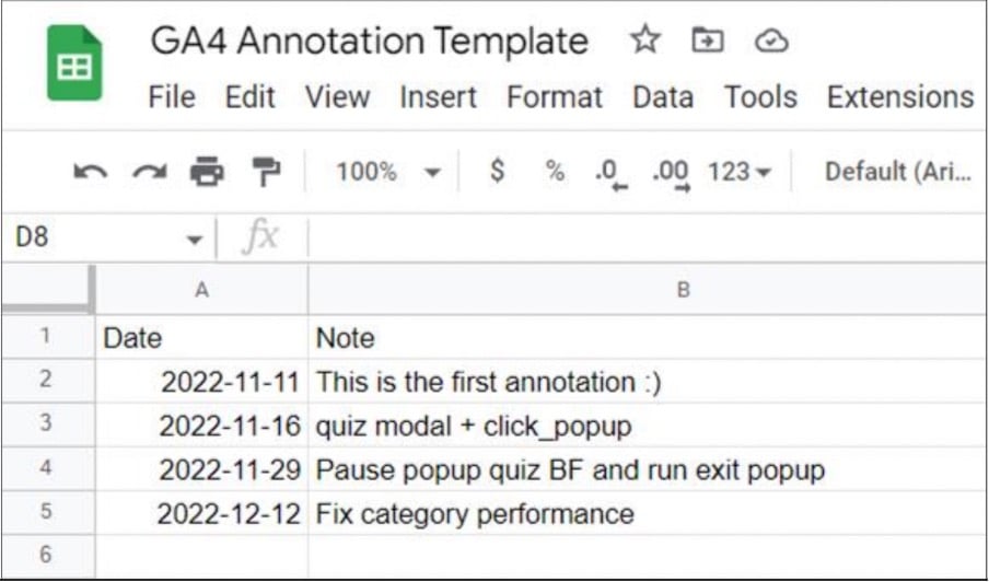 A simple Google Sheet with dates and notes can be used with Looker Studio