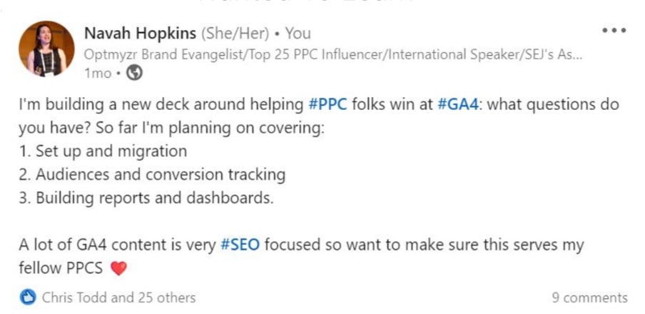 Navah Hopkins' LinkedIn post to help PPC marketers with GA4