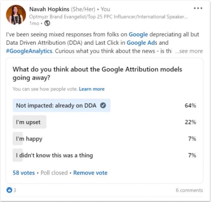A linkedin poll on google attribution models going away