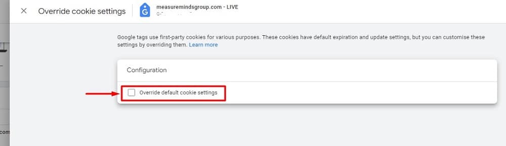 box named 'Override default cookie settings' under the 'Configuration' section 