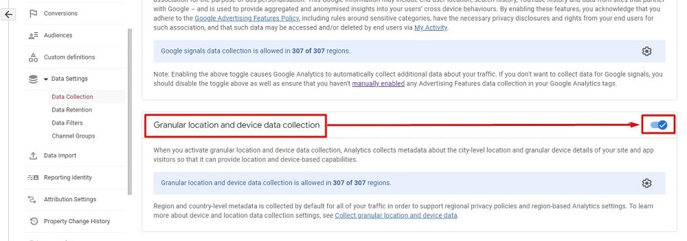Toogle switch to on/off Granular location and device data collection in google analytics 4