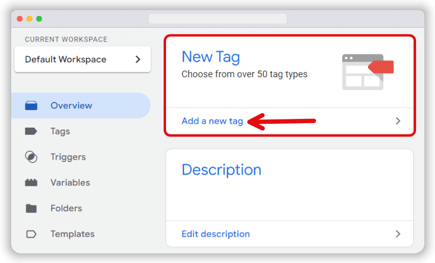 Add a new tag option highlighted in the gtm workspace