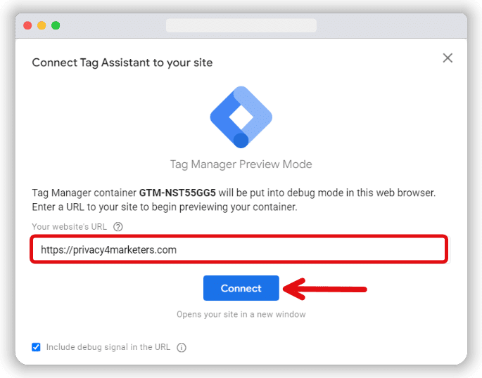 Connect Tag Assistant to your site google tag assistant window