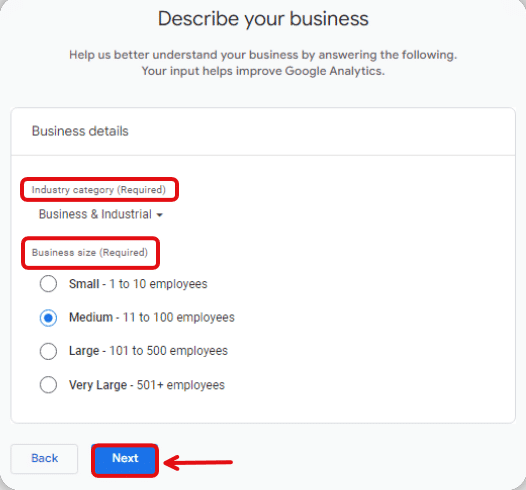 Describe your business step in setting up a ga4 account