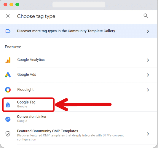 Google Tag option selected under the “Choose tag type” window