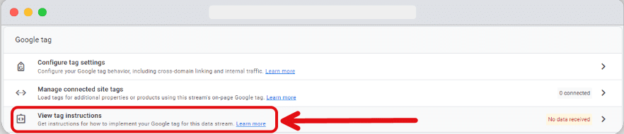 Google tag section of web stream details of a ga4 account