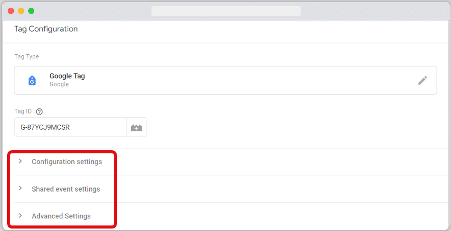 Google tag’s configuration, shared event, and advanced settings