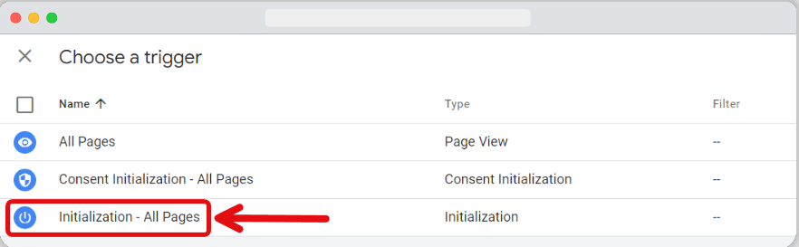 “Initialization - All Pages” option selected from the trigger list