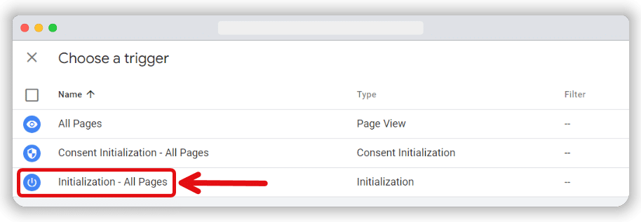 “Initialization - All Pages” option selected from the trigger list