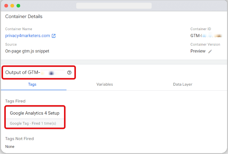 “Tags Fired” category highlighted in the tag assistant window