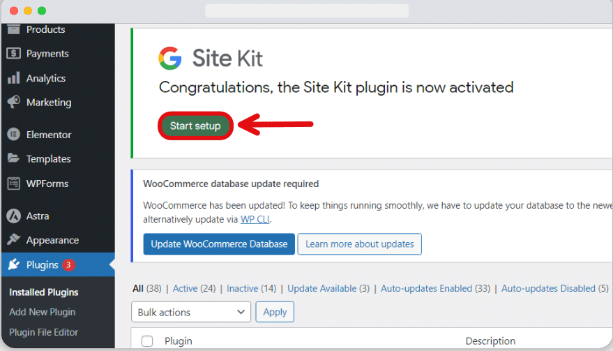 button to start setting up google site kit
