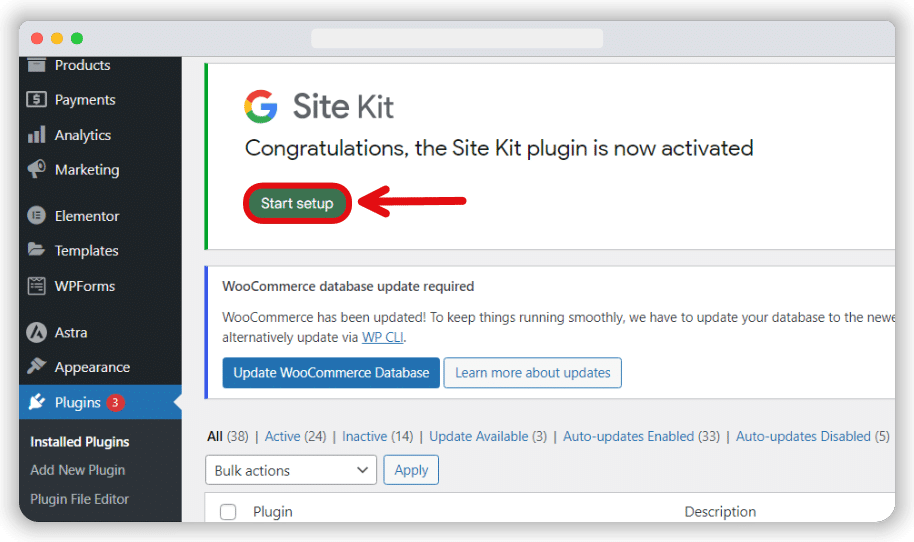 button to start setting up google site kit
