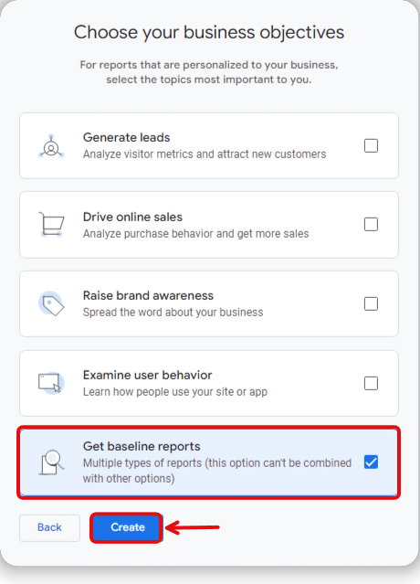 choosing get baseline reports as objective