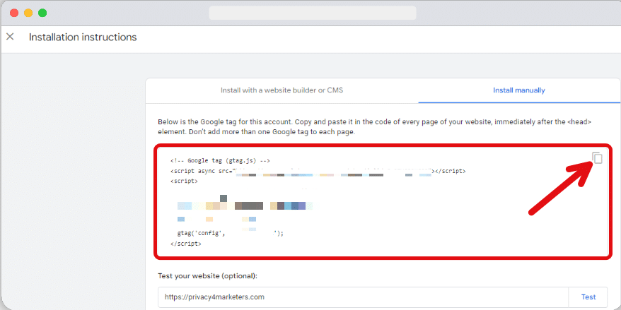 code snippet to manually install google analytics 4 to a website