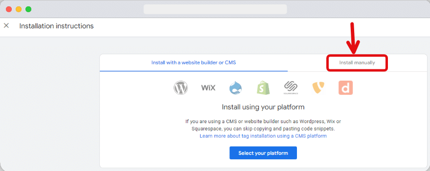 opion to get the code to manually add the ga4 to website