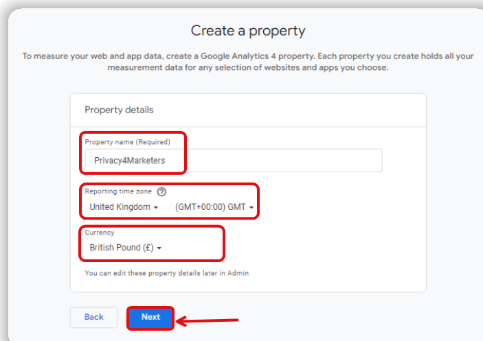 property settings option while setting up a ga4 account