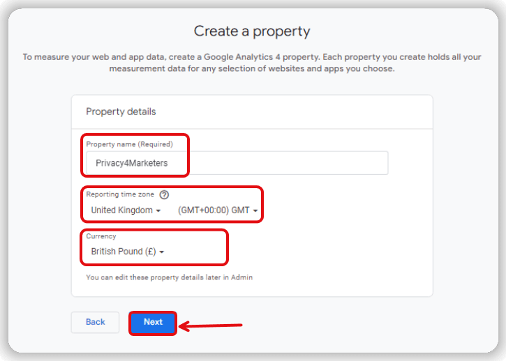 property settings option while setting up a ga4 account