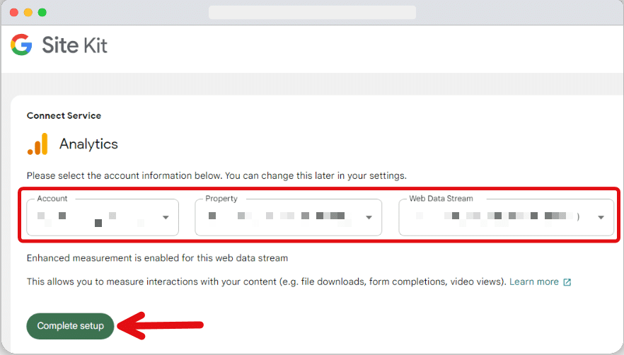 selecting the right ga4 account, property and data stream to set up ga4 using google site kit