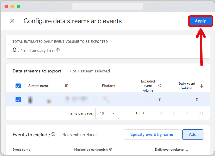 Apply button to save to changes made in the data streams & events