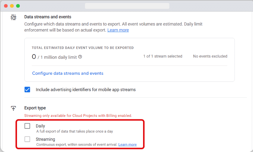 Check boxes to choose the frequency for data import to BigQuery