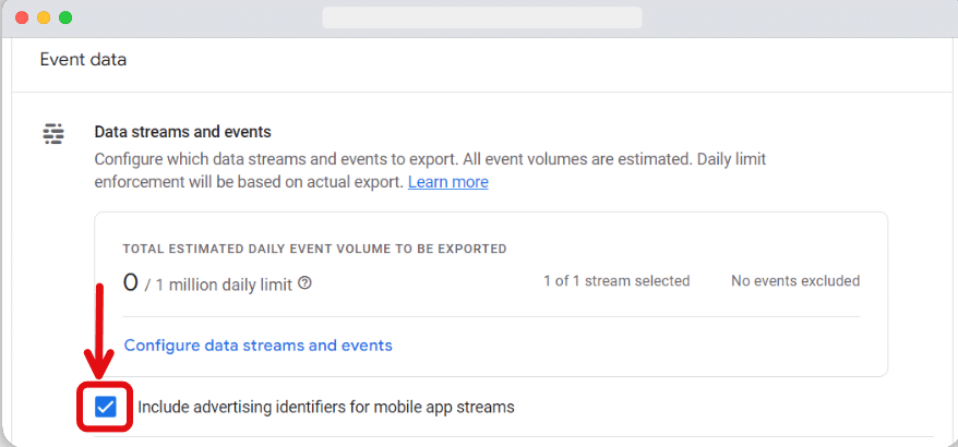 Checkbox for including advertiser identifier for apps