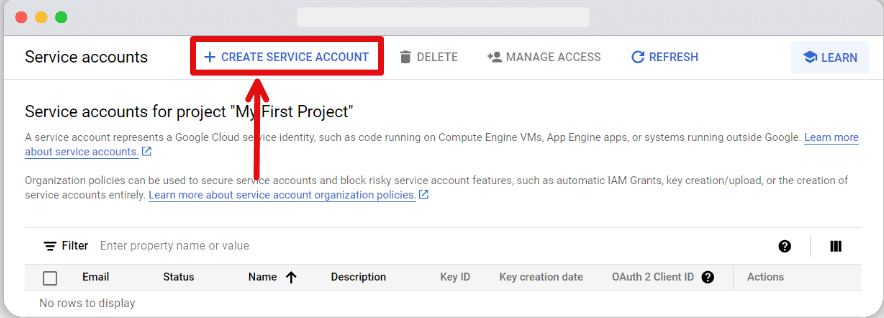 Create Service Account button 