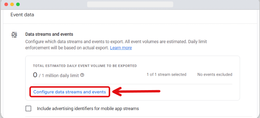 Link to the option for configuring data streams & events