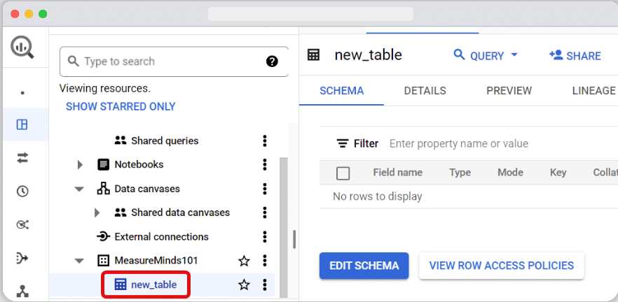 New bigquery table