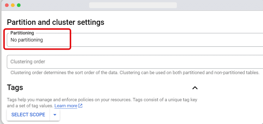 Partition and cluster settings in creating table