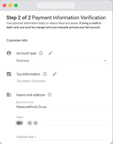 Payment information window while setting up bigquery account