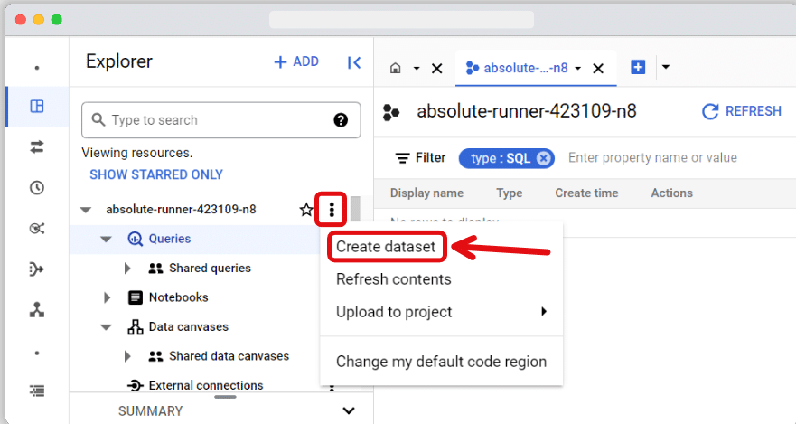 Pop up menu to start creating a dataset in bigquery