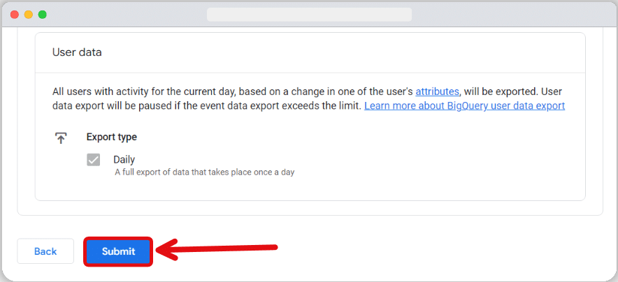 Submit button to submit the changes for bigquery project