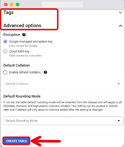 advanced options section & creating table button 