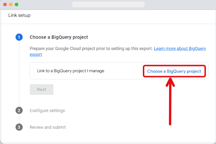 choose a bigquery project option in the link setup section
