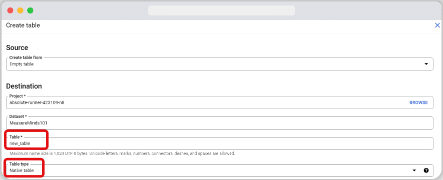 destination section in the page to create table in bigquery dataset