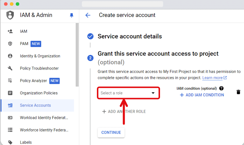 select a role for your service account