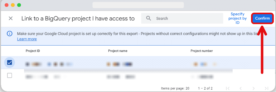 selecting the bigquery project to add with the ga4