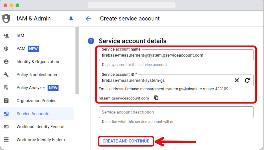 service account name & description box